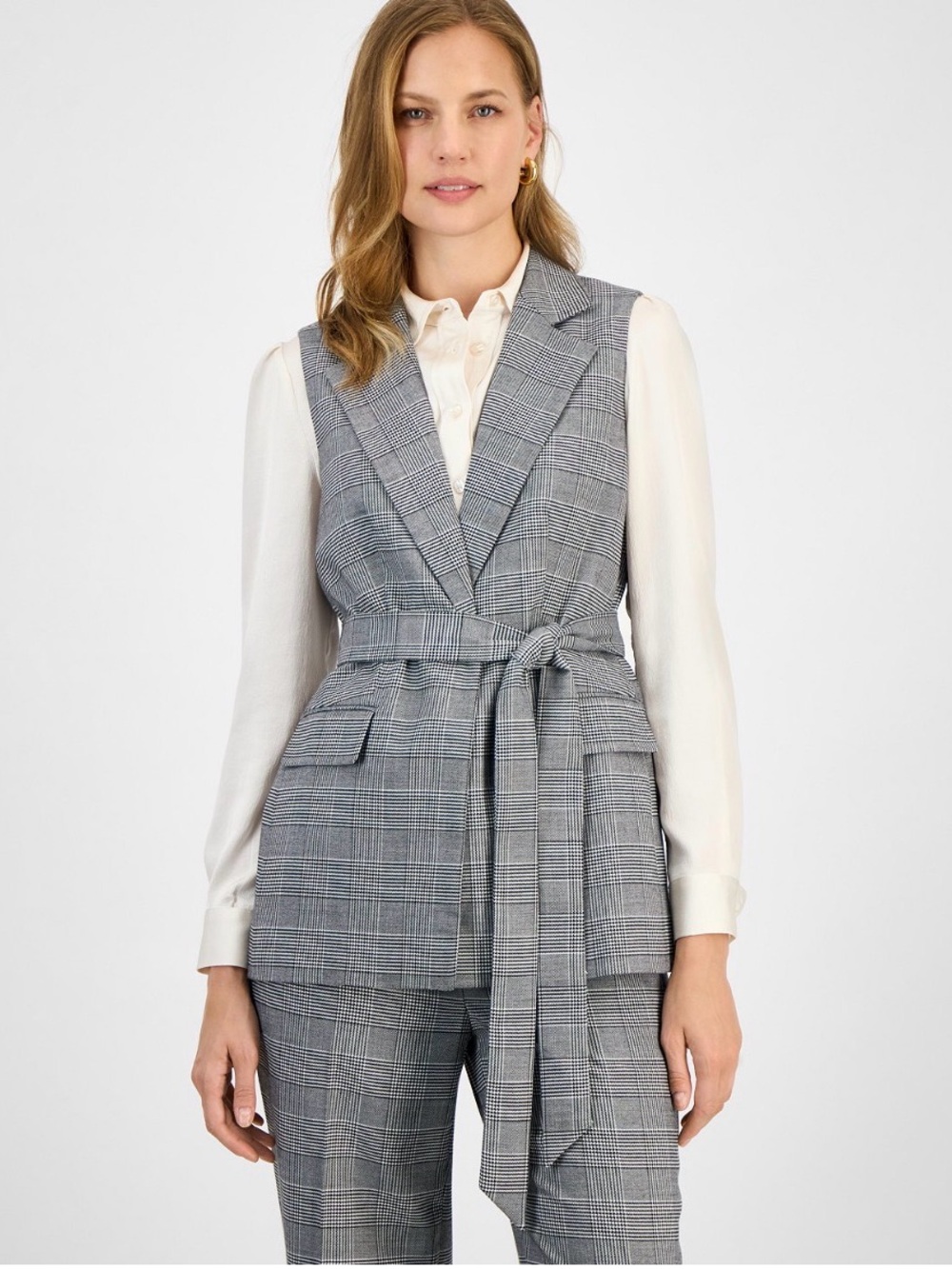 Kasper Gray Plaid Sleeveless Belted Vest
